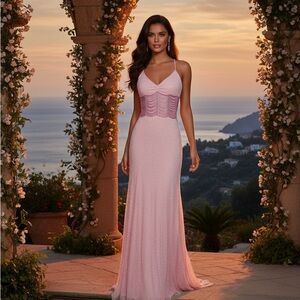 Elegant hand beaded baby Pink Evening Gown